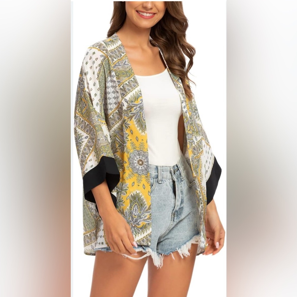 Tribear Women's Floral Printed Sheer Chiffon Loose Kimono  Beach Cover up